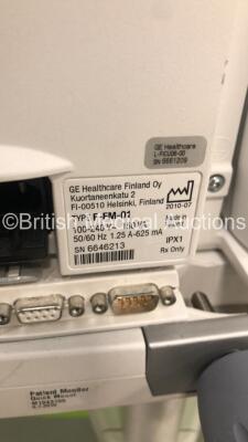 1 x GE S5 F-FM-00 Patient Monitor on Stand with 1 x N-FC-00 Module with Mini D-Fend Water Trap * Mfd 2012 * and 1 x GE S5 F-FM-01 Patient Monitor on Stand with 1 x E-PSMP-00 Module with NIBP,P1/P2.T1/T2,SpO2 and ECG Options * Mfd 2009 * (Both Power Up) * - 7