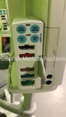 2 x GE S5 F-FM-01 Patient Monitors on Stands with 2 x E-PSMP-01 Modules with NIBP,P1/P2,T1/T2,SpO2 and ECG Options * Mfd 2018 x 2 - Damage to Casing-See Photos * (Both Power Up) * SN 8020860 / 8020846 / 6646209 / 6882596 * * Mfd 2012 / 2010 * - 4