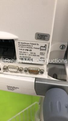 2 x GE S5 F-FM-01 Patient Monitors on Stands with 2 x E-PSMP-01 Modules with NIBP,P1/P2,T1/T2,SpO2 and ECG Options * Mfd 2018 x 2 - Damage to Casing-See Photos * (Both Power Up) * SN 8020860 / 8020846 / 6646209 / 6882596 * * Mfd 2012 / 2010 * - 7