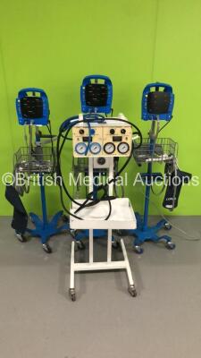 Mixed Lot Including 2 x GE ProCare Auscultatory Patient Monitors on Stands with 2 x BP Hoses,2 x BP Cuffs and 2 x SpO2 Finger Sensors,1 x GE ProCare 300 Patient Monitor on Stand with 1 x BP Hose,1 x BP Cuff and 1 x SpO2 Finger Sensor and 1 x Anetic Aid AP