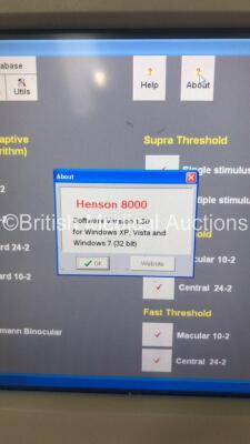 Tinsley Henson 8000 Field Analyzer Software Version 1.30 with Control Hand Trigger on Topcon ATE-600 Motorized Table (Powers Up-Missing Headrest Trim-See Photos) * SN 015697/02 * *FOR EXPORT OUT OF THE UK ONLY* - 2