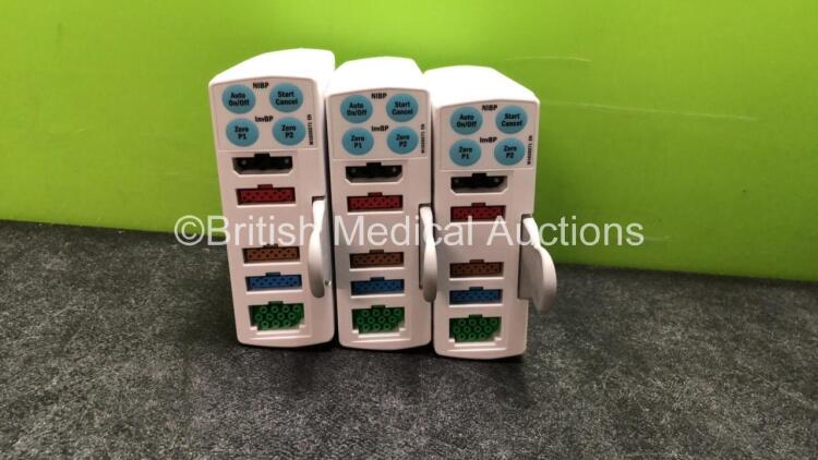 3 x GE E-PSMP Multiparameter Modules *Mfd's - 2 x 08/2010 and 1 x 08/2016* with NIBP, P1 P2, T1 T2, SPO2 and ECG Options (1 x Damaged Casing - See Photo) *6651826 / 6651807 / 8009594*