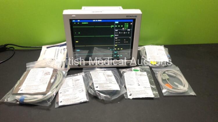 EDAN iM8 Patient Monitor with ECG,NIBP,SpO2,T1,T2,Printer Options and Assorted Leads (Powers Up-In Excellent Condition) * Mfd 2016 *