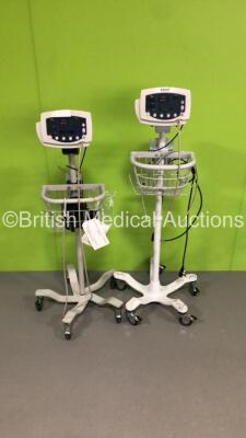 2 x Welch Allyn 53N00 Patient Monitors on Stands with 2 x BP Hoses and 1 x BP Cuff (Both Power Up)