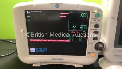 Job Lot Including 1 x GE Dash 3000 Patient Monitor with ECG, CO2, NBP, BP1, BP2, SPO2 and Temp Options (Powers Up with Maintenance Required Message and Cracked Casing - See Photos) and 1 x GE Transport Pro Patient Monitor (Untested Due to No Power Supply, - 2