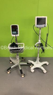 1 x Mindray VS-800 Vital Signs Monitor on Stand with BP Hose and Cuff and 1 x Mindray Tiro Patient Monitor on Stand *Damage to Surround and Screen* (Both Power Up) *S/N BY-94110819 / MC01736P-E3*