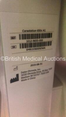 GE Carestation 650c Anaesthesia Machine Software Version 01 with Bellows Absorber and Hoses (Powers Up) *S/N SM8153600092WA* **Mfd 08/15** TRADE RESTRICTIONS * Countries under embargo or trade restrictions, countries where refurbished equipment sales are - 11