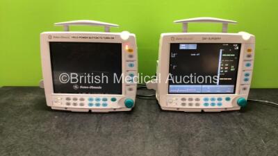 2 x GE Datex Ohmeda Type F-FM-00 Patient Monitors with 1 x GE E-PSMP-00 Modules ECG, NIBP, P1, P2, T1,T2 and SpO2 Options, 1 x GE E-PSM-00 Module Including ECG, NIBP, T1, T2 and SPO2 Options (Both Power Up with Cracked Casing- See Photos) *SN 6457372, 620