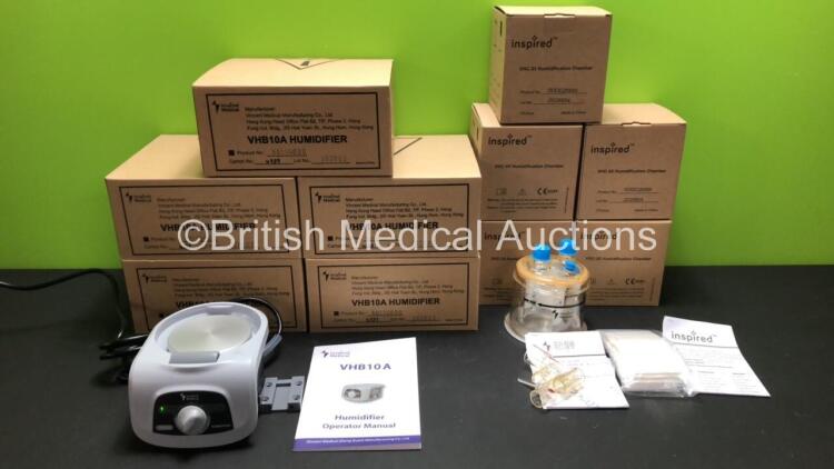 5 x Inspired Medical VHB10A Humidifiers (2 Pinned Power Supply) and 5 x Inspired VHC-25 Humidification Chambers (All Boxed in Excellent Condition)