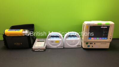 Mixed Lot Including 1 x Laerdal LCSU 4 Compact Suction Unit *Mfd 2019* with Power Supply and Case (Powers Up) 1 x Fukuda Denshi Dynascope DS-7100 Monitor (Powers Up) 1 x Bio-Tek Lionheart 3 Unit and 2 x Kendall Covidien Kendall SCD Compression Systems