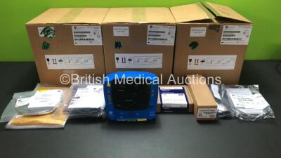 3 x GE Carescape V100 Patient Monitors *Mfd 2021* (Unused in Boxes) with Accessories Including 3 x Spo2 Cables and Sensors, 3 x 3 Cuff Packs, 3 x NIBP Hoses and 3 x User Manuals