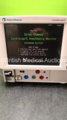 Datex Ohmeda Cardiocap 5 Anesthesia Monitor Including Spirometry, ECG, NIBP, SpO2, P1, P2, T1, T2 and Gas Options with D-fend Water Trap (Powers Up with Damaged Power Button-See Photo) *SN FBWG00689* - 2