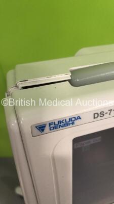 3 x Fukuda Denshi DS-7100 Patient Monitors on Stands with ECG/Resp, SPO2, NIBP, BP and Temp Options (All Power Up - 1 x Missing Printer Cover and All Units have Damage - See Pictures) - 4