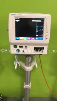 3 x Fukuda Denshi DS-7100 Patient Monitors on Stands with ECG/Resp, SPO2, NIBP, BP and Temp Options (All Power Up - 1 x Missing Printer Cover and All Units have Damage - See Pictures) - 5