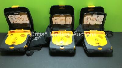 3 x Medtronic Lifepak CR Plus Defibrillators with 3 x Ambu Res-Cue Masks in Carry Cases (All Power Up) *35748960 - 38710708 - 35749000*