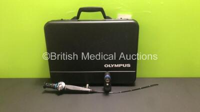 Olympus ENF-GP Pharyngoscope with Olympus WA91502A Mini Light Source (Untested Due to No Batteries) in Case - Engineer's Report : Optical System - 6 Broken Fibers, Angulation - No Fault Found, Insertion Tube - No Fault Found, Light Transmission - No Fault