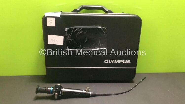 Olympus ENF-GP Pharyngoscope in Case - Engineer's Report : Optical System - 3 Broken Fibers, Angulation - Bending Section Crushed, Bending Section Rubber Perforated, Insertion Tube - Crush Mark, Light Transmission - No Fault Found, Leak Check - Bending Se