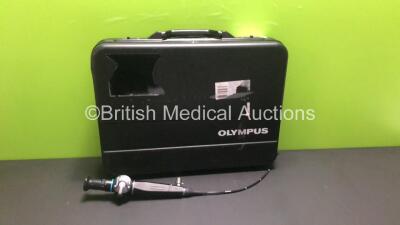 Olympus ENF-GP Pharyngoscope in Case - Engineer's Report : Optical System - 7 Broken Fibers and Fluid Stain, Angulation - No Fault Found, Insertion Tube - Peeling, Light Transmission - No Fault Found, Leak Check - Excessive Leak Present *W801093* (G)