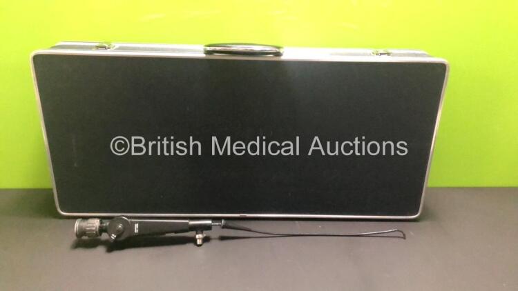 Pentax FNL-10RBS Laryngoscope in Case - Engineer's Report : Optical System - 15 Broken Fibers and Stain Present, Angulation - No Fault Found, Insertion Tube - No Fault Found, Light Transmission - No Fault Found, Leak Check - Leaking, Other Comments - Part