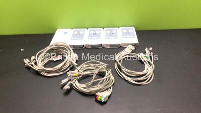 Job Lot Including 4 x GE Carescape Telemetry T4 ECG Transmitters with 3 x 5 Lead ECG Leads and 1 x GE ApexPro ECG Transmitter (All Untested Due to No Batteries) *SFY14233260GA / SFY14233259GA / SFY17130021SA / SFY14233258GA / RAM07332465GA*