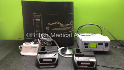 Mixed Lot Including 1 x Masimo Set TOSCA 500 Transcutaneous Monitor (Powers Up) 1 x Kanmed Operatherm OP3 Heating Pad, 1 x RCS Battery Discharger (Untested Due to Cut Cable) 1 x Arjo Type NDA2000-GB Charger (Powers Up) 1 x Johnston & Johnston Pressure Reg