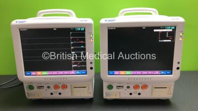 2 x Fukuda Denshi DS-7200 Patient Monitors Including Microstream CO2, ECG/RESP, SpO2, NIBP, BP1, BP2, Temp 1, Temp 2 and Printer Options with 2 x ECG Leads and 2 x NIBP Hoses with Cuffs *Mfd Both 2010* (Both Power Up)