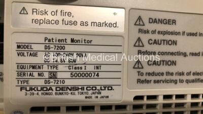 2 x Fukuda Denshi DS-7200 Patient Monitors Including Microstream CO2, ECG/RESP, SpO2, NIBP, BP1, BP2, Temp 1, Temp 2 and Printer Options with 2 x ECG Leads and 2 x NIBP Hoses with Cuffs *Mfd Both 2010* (Both Power Up) - 4