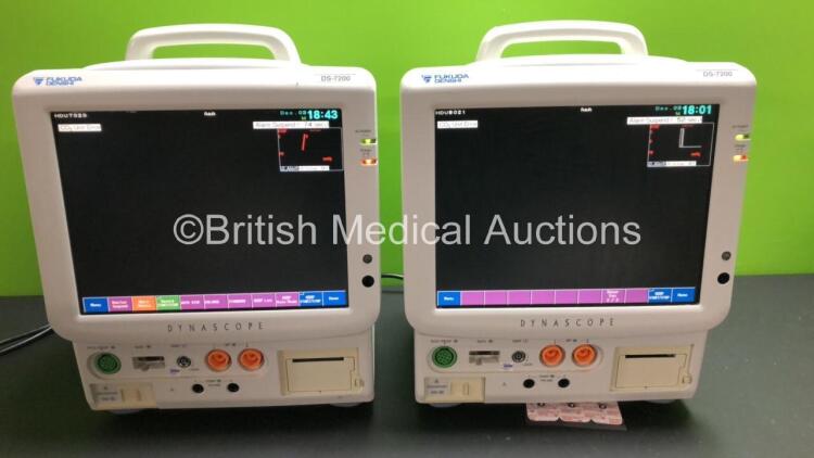 2 x Fukuda Denshi DS-7200 Patient Monitors Including Microstream CO2, ECG/RESP, SpO2, NIBP, BP1, BP2, Temp 1, Temp 2 and Printer Options *Mfd Both 2010* with 2 x ECG Leads and 2 x NIBP Hoses with Cuffs (Both Power Up)