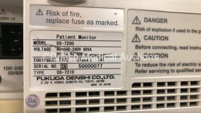 2 x Fukuda Denshi DS-7200 Patient Monitors Including Microstream CO2, ECG/RESP, SpO2, NIBP, BP1, BP2, Temp 1, Temp 2 and Printer Options *Mfd Both 2010* with 2 x ECG Leads and 2 x NIBP Hoses with Cuffs (Both Power Up) - 4