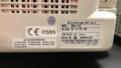 2 x Fukuda Denshi DS-7200 Patient Monitors Including Microstream CO2, ECG/RESP, SpO2, NIBP, BP1, BP2, Temp 1, Temp 2 and Printer Options *Mfd Both 2010* with 2 x ECG Leads and 2 x NIBP Hoses with Cuffs (Both Power Up) - 6