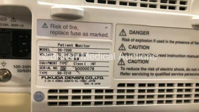 2 x Fukuda Denshi DS-7200 Patient Monitors Including 1 x Microstream CO2, ECG/RESP, SpO2, NIBP, BP1, BP2, Temp 1, Temp 2 and Printer Options with 2 x ECG Leads and 2 x NIBP Hoses with Cuffs *Mfd Both 2010* (Both Power Up) - 5