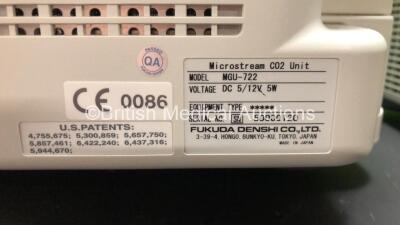 2 x Fukuda Denshi DS-7200 Patient Monitors Including 1 x Microstream CO2, ECG/RESP, SpO2, NIBP, BP1, BP2, Temp 1, Temp 2 and Printer Options with 2 x ECG Leads and 2 x NIBP Hoses with Cuffs *Mfd Both 2010* (Both Power Up) - 6