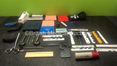 Mixed Lot Including Eye Test Books, Colour Blindness Test, Autograph Test Measurement Rulers and Various Dental Instruments