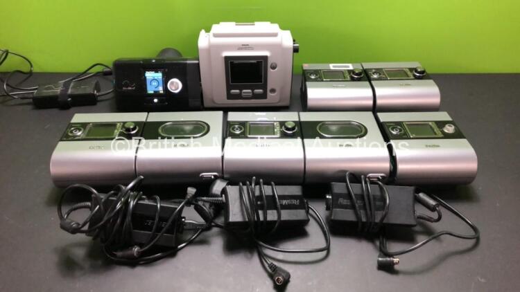 Job Lot Including 1 x ResMed AirSense 10 AutoSet CPAP Unit with 1 x Power Supply (Powers Up) 1 x Philips Respironics BiPAP A30 (No Power) and 5 x ResMed AutoSet S9 CPAP Units with 2 x Humidifiers and 5 x Power Supplies