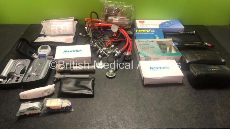 Mixed Lot Including 7 x Stethoscopes, 1 x First Aid Kit, 1 x Blood Glucose Testing Kit, 3 x Ophthalmoscopes and 3 x Thermometers