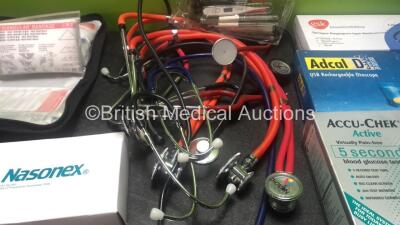 Mixed Lot Including 7 x Stethoscopes, 1 x First Aid Kit, 1 x Blood Glucose Testing Kit, 3 x Ophthalmoscopes and 3 x Thermometers - 3