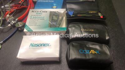Mixed Lot Including 7 x Stethoscopes, 1 x First Aid Kit, 1 x Blood Glucose Testing Kit, 3 x Ophthalmoscopes and 3 x Thermometers - 4