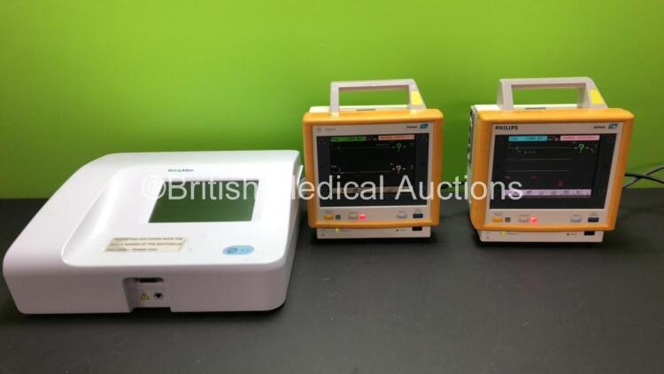 Job Lot Including 1 x Agilent and 1 x Philips M3046A M2 Monitors with 2 x M3000A Modules Including ECG/Resp, SpO2, NBP, Temp and Press Options (Both Power Up) and 1 x Welch Allyn CP150 ECG Machine (No Power - Missing Power Port)