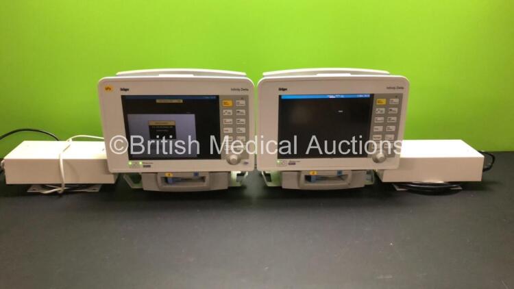 2 x Drager Infinity Delta Patient Monitors with HemoMed 1, Aux - Hemo 2 - 3, MultiMed and SpO2 Options with 2 x Docking Stations and 2 x Power Supplies *Mfd 2009* (Both Power Up)