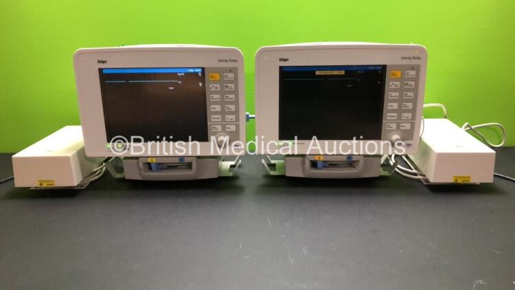 2 x Drager Infinity Delta Patient Monitors with HemoMed 1, Aux - Hemo 2 and 3, MultiMed and SpO2 Options *Mfd 2009 - 2009* with 2 x Drager Power Supplies and 2 x Docking Stations (Both Power Up) *6000968671 - 6001041680*