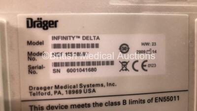 2 x Drager Infinity Delta Patient Monitors with HemoMed 1, Aux - Hemo 2 and 3, MultiMed and SpO2 Options *Mfd 2009 - 2009* with 2 x Drager Power Supplies and 2 x Docking Stations (Both Power Up) *6000968671 - 6001041680* - 5