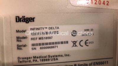 2 x Drager Infinity Delta Patient Monitors with HemoMed 1, Aux - Hemo 2 and 3, MultiMed and SpO2 Options *Mfd 2009 - 2009* with 2 x Drager Power Supplies and 2 x Docking Stations (Both Power Up) *6000968671 - 6001041680* - 6