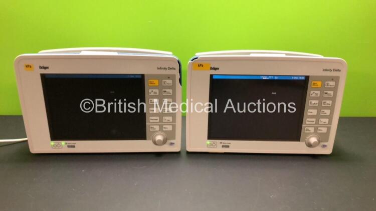 2 x Drager Infinity Delta Patient Monitors with HemoMed 1, Aux - Hemo 3, MultiMed and SpO2 Options *Mfd 2008* (Both Power Up with Casing Damage - Photos)