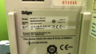 2 x Drager Infinity Delta Patient Monitors with HemoMed 1, Aux - Hemo 2 and 3, MultiMed and SpO2 Options *Mfd 2009 - 2009* with 2 x Drager Power Supplies and 2 x Docking Stations (Both Power Up) *SN 6000965469, 6000967467* - 7