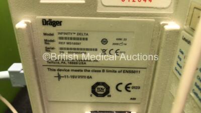 2 x Drager Infinity Delta Patient Monitors with HemoMed 1, Aux - Hemo 2 and 3, MultiMed and SpO2 Options *Mfd 2009 - 2009* with 2 x Drager Power Supplies and 2 x Docking Stations (Both Power Up) *SN 6000965469, 6000967467* - 8