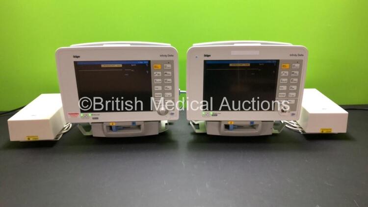 2 x Drager Infinity Delta Patient Monitors with HemoMed 1, Aux - Hemo 2 and 3, MultiMed and SpO2 Options *Mfd 2009 - 2009* with 2 x Drager Power Supplies and 2 x Docking Stations (Both Power Up with 1 x Missing Dial) *6000997363 - 6001124083*