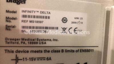 2 x Drager Infinity Delta Patient Monitors with HemoMed 1, Aux - Hemo 2 and 3, MultiMed and SpO2 Options *Mfd 2009 - 2009* with 2 x Drager Power Supplies and 2 x Docking Stations (Both Power Up with 1 x Missing Dial) *6000997363 - 6001124083* - 6