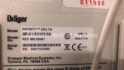 2 x Drager Infinity Delta Patient Monitors with HemoMed 1, Aux - Hemo 2 and 3, MultiMed and SpO2 Options *Mfd 2009 - 2009* with 2 x Drager Power Supplies and 2 x Docking Stations (Both Power Up) *6001103480 - 6000967075* - 5