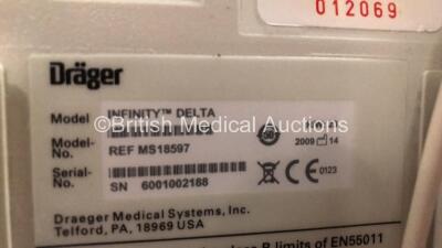 2 x Drager Infinity Delta Patient Monitors with HemoMed 1, Aux - Hemo 2 and 3, MultiMed and SpO2 Options *Mfd 2009 - 2009* with 2 x Drager Power Supplies and 2 x Docking Stations (Both Power Up) *6001026679 - 6001002188* - 6