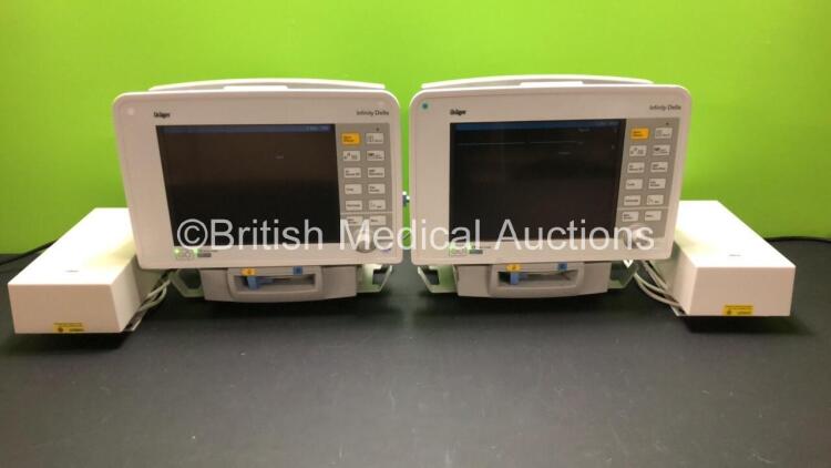 2 x Drager Infinity Delta Patient Monitors with HemoMed 1, Aux - Hemo 2 and 3, MultiMed and SpO2 Options *Mfd 2009 - 2009* with 2 x Drager Power Supplies and 2 x Docking Stations (Both Power Up) *6000974673 - 6001005185*